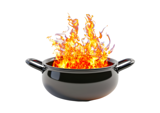 Fiery pot of boiling food, isolated on transparent background.
