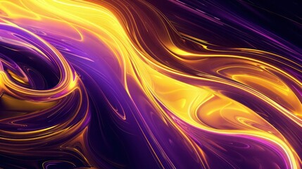 A mesmerizing liquid design with smooth swirls and lines in high-contrast colors of neon yellow and deep purple, mimicking the appearance of flowing water