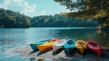 A serene lakeside scene with colorful kayaks and paddleboards lined up on the shore, inviting exploration and leisurely paddling on a tranquil summer day.