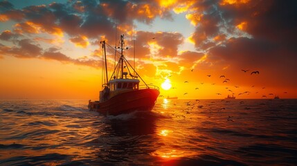 Fishing boat silhouetted against a fiery sunset,with seagulls flying overhead. A dramatic and beautiful scene of nature.