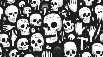 Black and white hand drawn illustration of skulls, hands, and bones background.