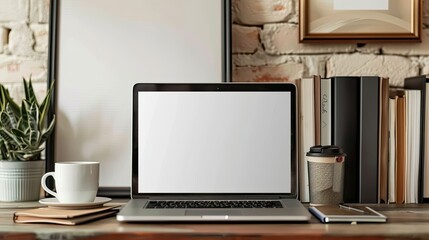 Desk with laptop, blank white screen, books, coffee cup, and picture frame on wooden table