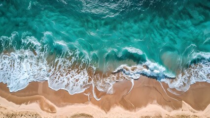 Obraz premium Aerial view of turquoise waves crashing on sandy beach. Summer vacation holidays background. Generative AI