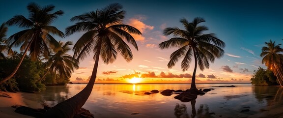 Obraz premium Tropical palm trees with serene mood during sunset on tranquil beachside. Summer vacation holidays background. Generative AI