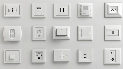 Group of electrical, internet, and TV sockets on a fresh wall in a new house, power and internet