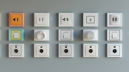 Group of electrical, internet, and TV sockets on a renovated wall in a new residential apartment
