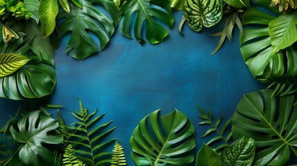 Tropical green leaves on a blue background. a concept for summer,nature,and vacation themes.
