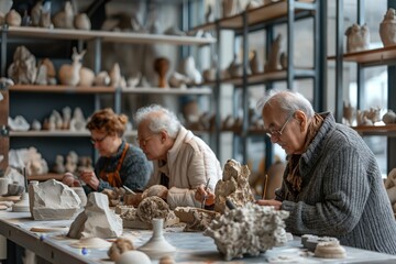 Elderly individuals sculpting clay models in a pottery class, emphasizing focus and creativity in a supportive and enriching environment, fostering artistic expression and community bonding.
