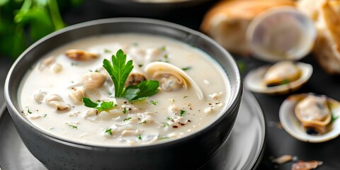Hot bowl of creamy New England clam chowder with fresh clams. Concept Seafood Delights, Comfort Food, Soup of the Day, Chowder Lover,s New England Flavors