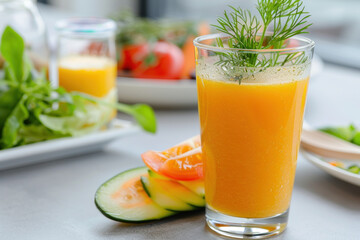 A cup of orange juice and buffet breakfast in hotel restaurant