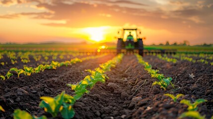 Sunrise over a field of young plants,tractor working in the distance. a concept for agriculture,farming,and spring themes.