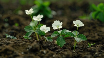 Flowers growing in clean soil with space on the ground