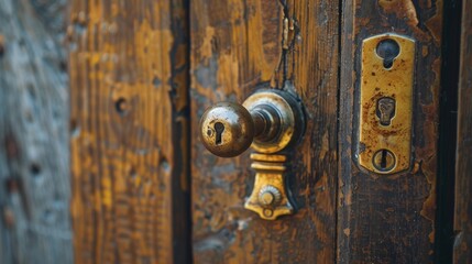 Obraz premium Vintage door handle with keyhole on weathered wood. Rustic door knob and lock on aged wood. Old door hardware on worn wood background. Antique door handle and keyhole.