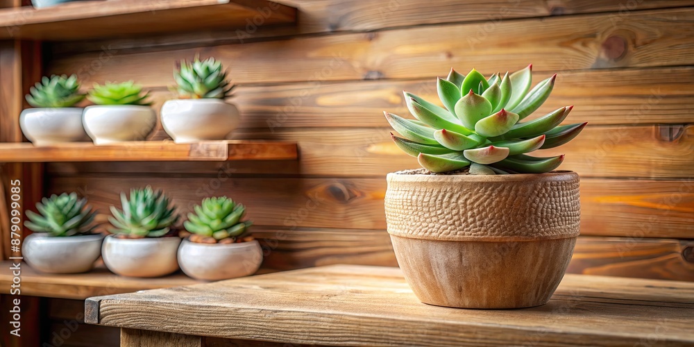 Wall mural Succulent plants on a wooden shelf.