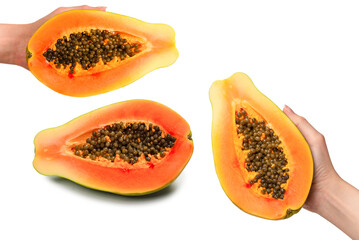Papaya fruit isolated on a white background in woman hands. Half papaya.
