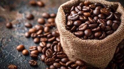 Coffee beans in a burlap sack on a rustic background. a concept for your next coffee ad or blog post.