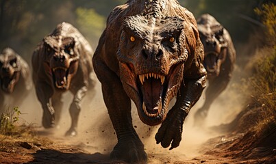 Herd of Dinosaurs Running Across Dirt Field