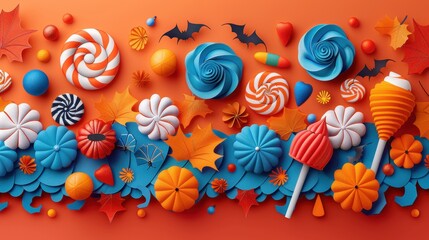 A colorful candy display with Halloween decorations