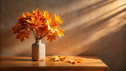 Autumn leaves in a vase on a wooden table.