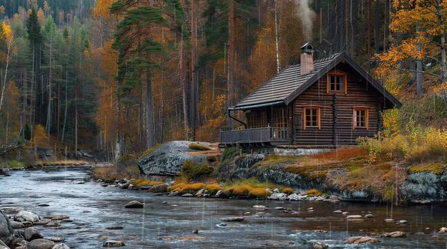 Cozy retreat: Wooden cabin by river on rainy forest day, warm and relaxing
 Seamless looping 4k time-lapse virtual video animation Generated AI