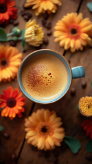 Draufsicht auf eine Tasse Cappuchino mit bunten Bl&uuml;ten