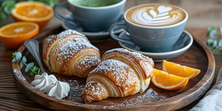 Coffee Shop Vibes Croissants with Blue Ribbon Matcha Latte and Orange Slices. Concept Coffee, Croissants, Matcha Latte, Orange Slices, Coffee Shop Vibes
