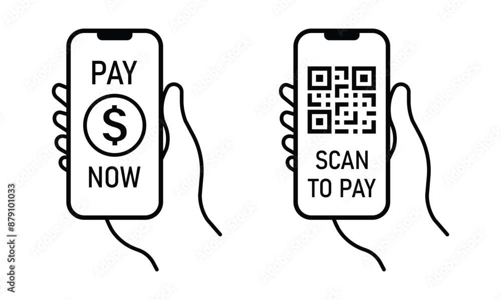 Poster hand hold smartphone for payment by scanning qr code. line icon of pay now and scan to pay with mobi