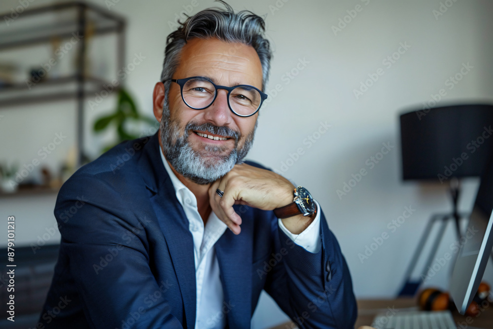 Poster portrait of a smiling businessman sitting at a desk with a computer and looking at the camera, with 