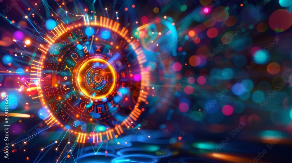 Poster colorful abstract digital art featuring vibrant circular patterns and dynamic light effects, ideal f