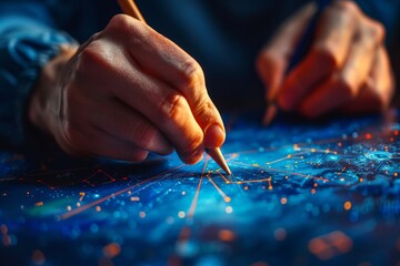 Close-up of hands creating a digital artwork with pencils on a futuristic blue background, depicting creativity and technology.