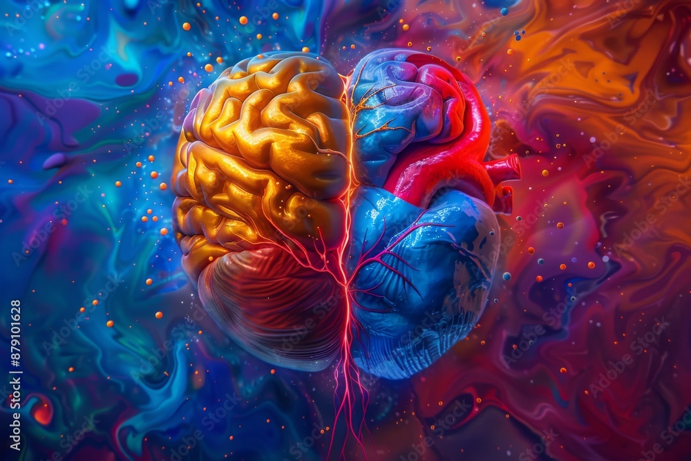 Poster Vibrant abstract representation of a brain with colorful neural connections, symbolizing creativity and intelligence in a surreal background.
