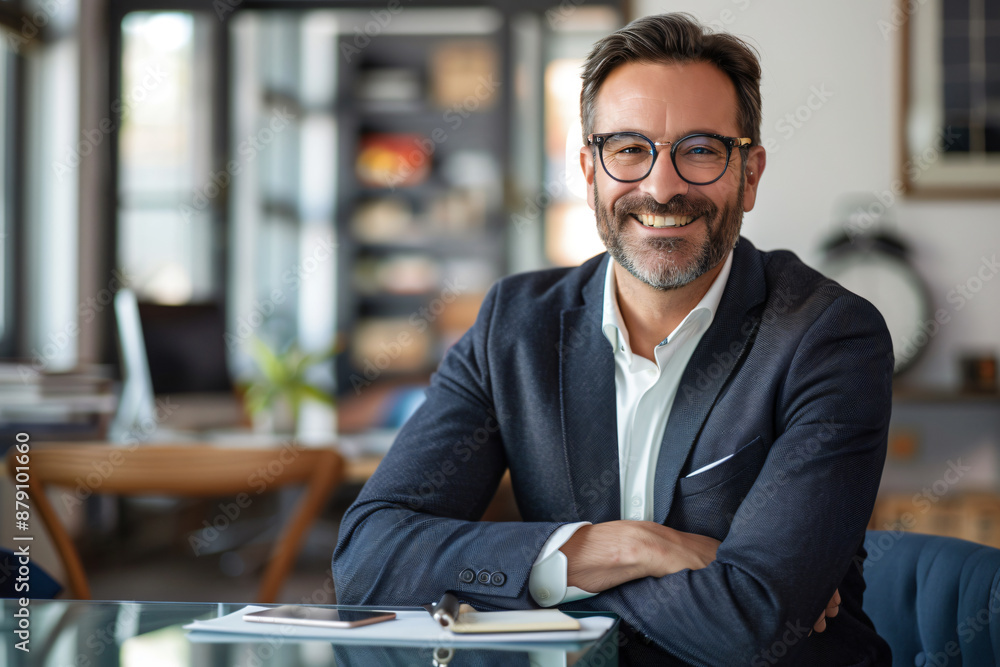 Poster portrait of a smiling businessman sitting at a desk with a computer and looking at the camera, with 