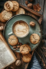 Fototapeta premium photo of cup with coffee, rustic style table setting, vintage book and cookies on the side, dry branches, nuts in a wooden tray, top view, natural light