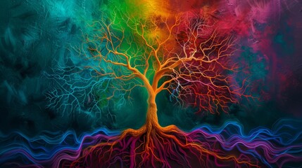 Obraz premium Vibrant tree with colorful branches and roots illuminated against a dark background, representing connection and growth in a mystical setting.