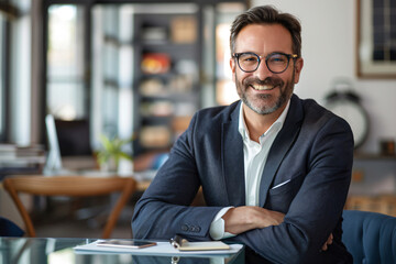 Portrait of a smiling businessman sitting at a desk with a computer and looking at the camera, with an office background. The man is wearing glasses and has a beard, in the style of an office worker.