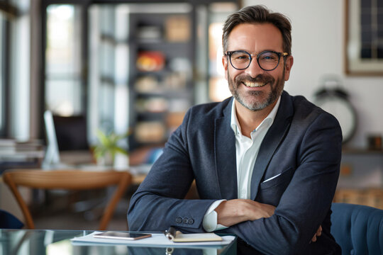 Portrait of a smiling businessman sitting at a desk with a computer and looking at the camera, with an office background. The man is wearing glasses and has a beard, in the style of an office worker.