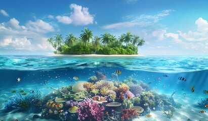 Underwater paradise with coral reef and tropical island.