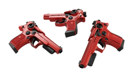 Pack of Red toy guns for children's play and imaginative games Isolated on transparent background.