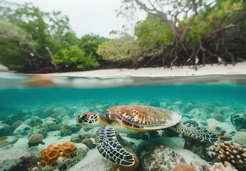 A green sea turtle swims through clear turquoise water near a tropical beach.