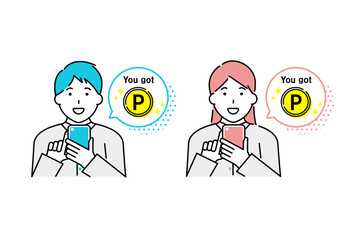 スマホでポイントをゲットした若い男性と女性のイラスト
