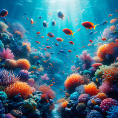 Obraz premium 3d wallpaper coral reef colorful tropical fish in aquatic aquarium