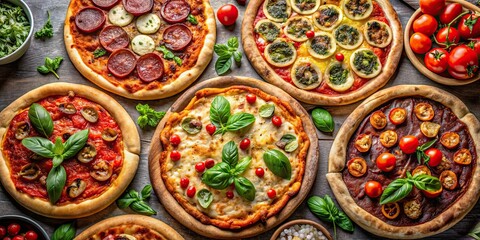 Fototapeta premium An assortment of freshly baked gourmet pizzas including pepperoni, margherita