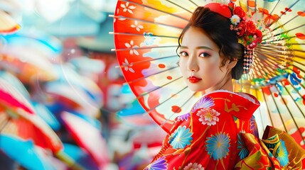 Japanese Woman in Traditional Kimono with Umbrella.