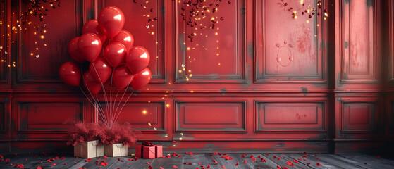 Red background, the background is decorated with love balloons and gift, luminous atmosphere 