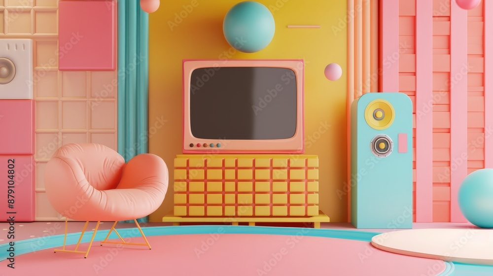 Poster use abstract shapes and patterns to enhance a cute 3d interpretation of a tv show podcast studio ai 