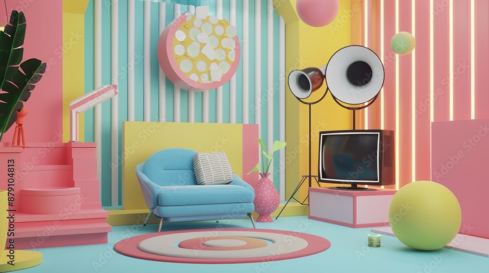 Poster use abstract shapes and patterns to enhance a cute 3d interpretation of a tv show podcast studio ai 
