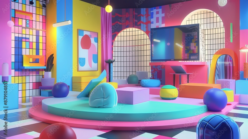 Poster use memphis-inspired elements to transform a cute 3d render of a tv show podcast studio ai generated
