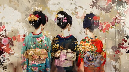 Obraz premium Three Women in Traditional Japanese Kimonos.