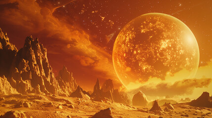 Space background, fantastic backdrop. Orange alien sky on another planet