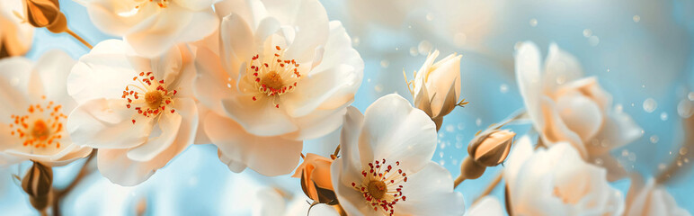 A close-up of white wild roses on the left side, with space for copy against a blue sky background. The flowers have an orange center and delicate petals that create a romantic atmosphere. 